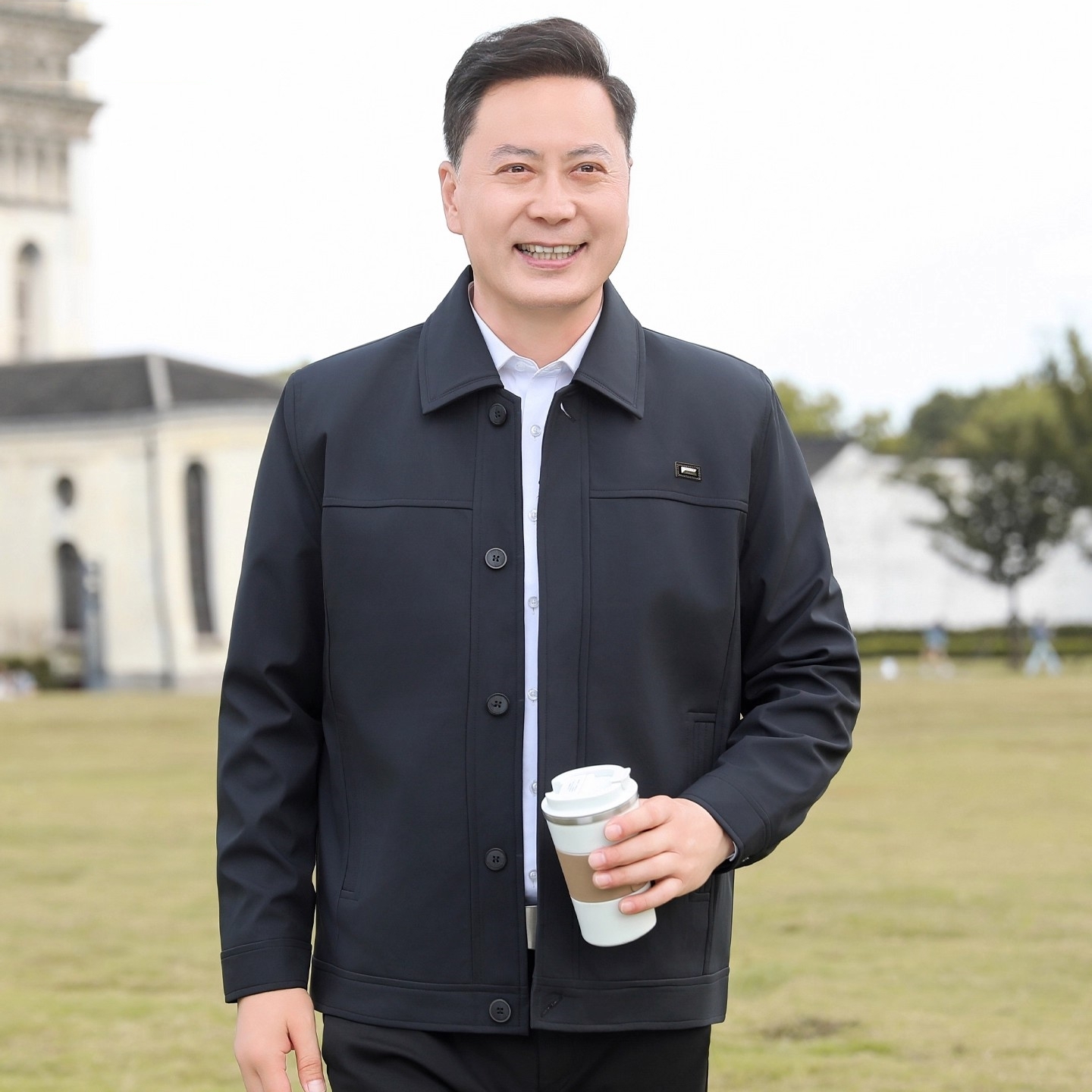 爸爸春秋装外套男中老年男装夹克中年休闲纽扣上衣老人夹克衫外穿