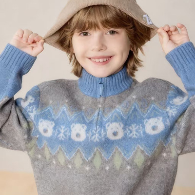 童装男童费尔岛毛衣秋冬儿童半拉链针织衫儿童半高领线衣立领毛衫