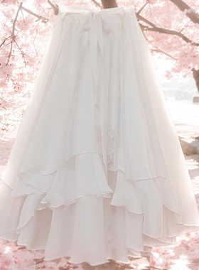 早春盐系穿搭白色多层次蝴蝶绑带燕尾百褶风情万种的长款半身裙子