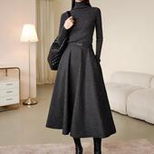 2024年秋新款 简约半裙休闲千鸟格羊毛呢大摆A字半身裙