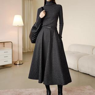 2024年秋新款 简约半裙休闲千鸟格羊毛呢大摆A字半身裙