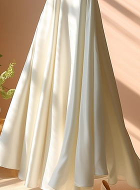 春秋新款旗袍内搭法式超仙高腰垂感显瘦a字大摆清冷白色醋酸缎面