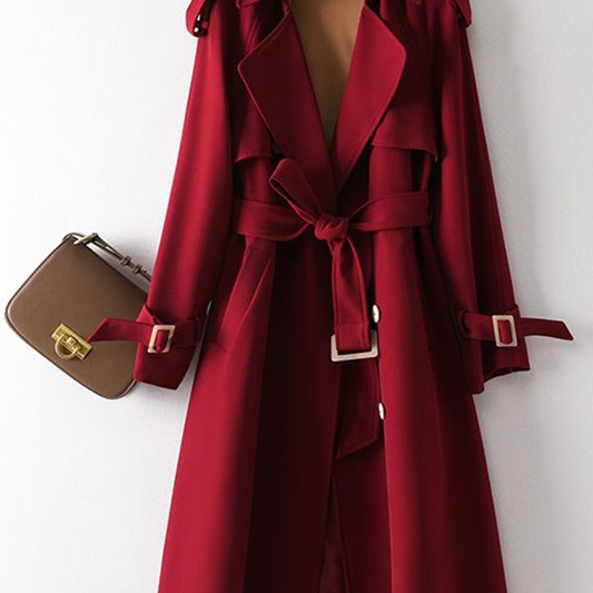 酒红色风衣女款春秋新款女春装过膝长款西装领外套垂感名媛时尚