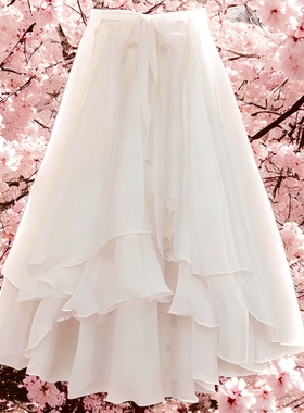 早春盐系穿搭白色多层次蝴蝶绑带燕尾百褶风情万种的长款半身裙子