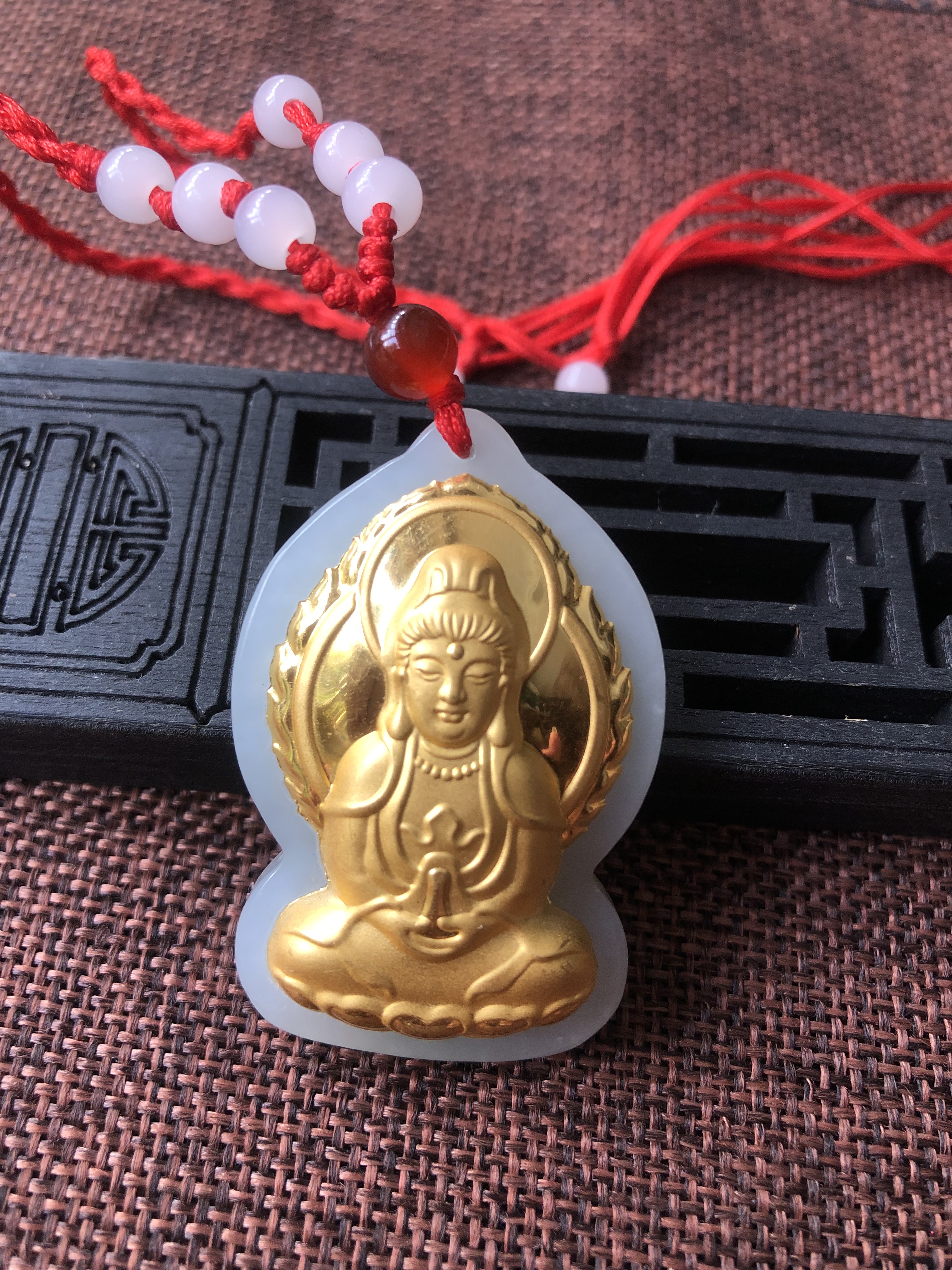 天然和田玉观音吊坠金镶玉观世音挂件黄金玉石菩萨玉佩男女款项链