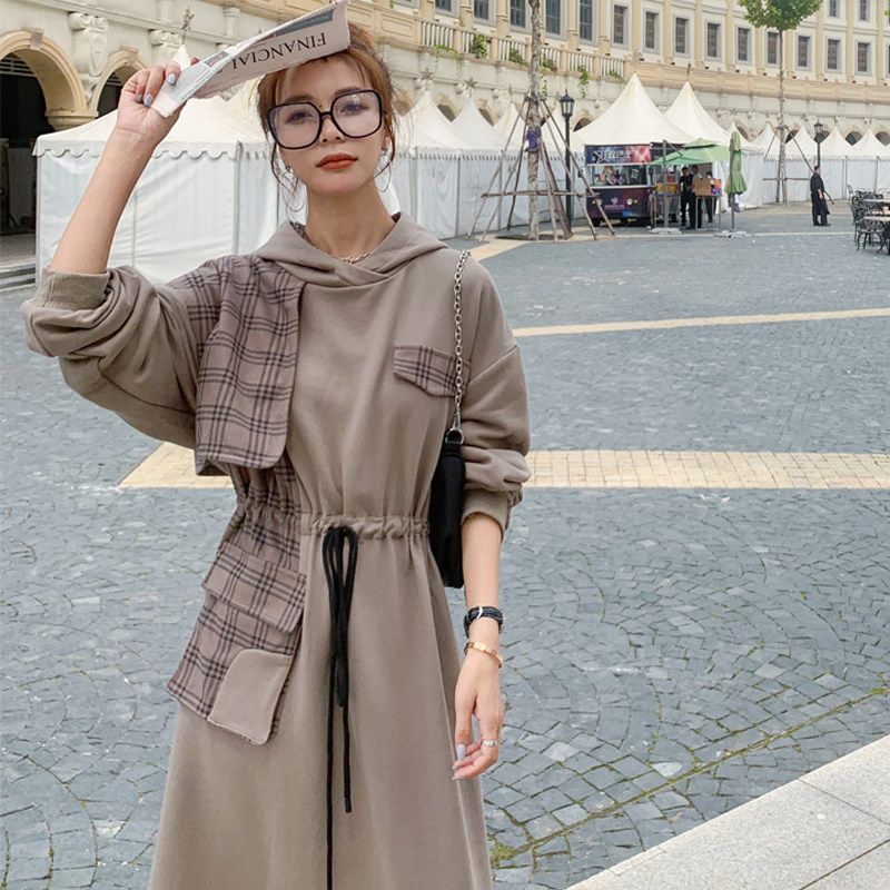 休闲拼接格子连衣裙女春秋2025年新款女装连帽卫衣气质收腰长裙冬，女装连衣裙，浙宝267