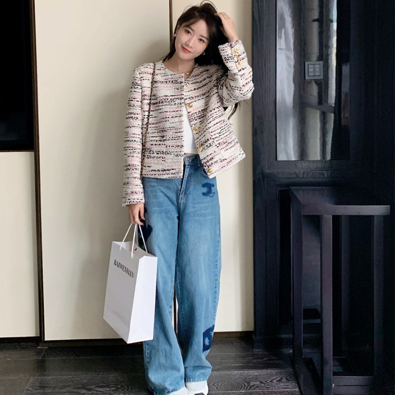 法式名媛粉色小香风外套女2023春秋新款小个子气质高端粗花呢上衣,女装短外套,浙宝267