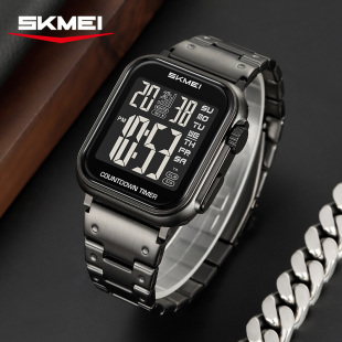 SKmei Watch 时刻美不锈钢带电子表方块夜光防水倒计时秒表男2447