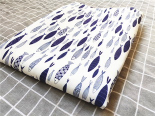 卡通布料细帆布印花手工diy面料沙发套布料包包宿舍桌布日系鱼儿