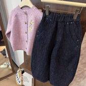 女童一体绒加厚好看净色直筒裤 leomama女童加绒牛仔裤 2025新款