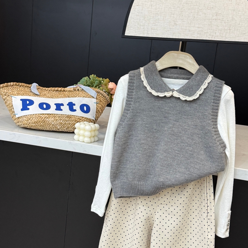 leomama女童娃娃领针织马甲2025新款女童秋装上衣中大童背心毛衣