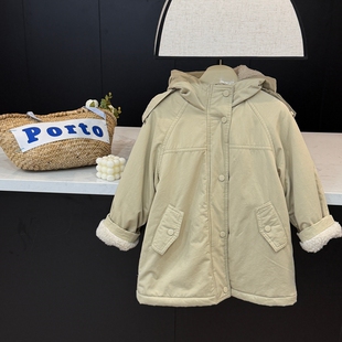 leomama女童棉服外套冬季新款加绒加厚女宝宝连帽保暖中长款棉袄