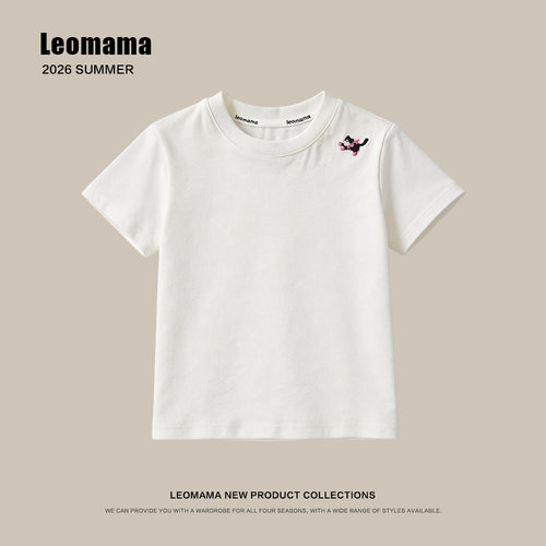 leomama女童卡通刺绣小猫短袖儿童夏季纯色百搭洋气韩版圆领T恤