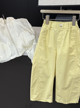 leomama女童春夏纯棉弯刀裤中大童新款韩版儿童宽松黄色休闲裤子