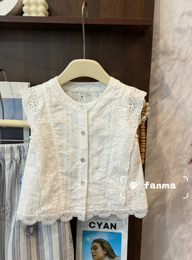 leomama【云絮】女童白色镂空无袖圆领排扣小飞袖百搭纯棉上衣