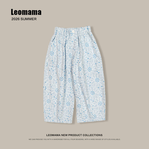 leomama女童绣花复古时尚休闲裤春夏新款儿童宽松阔腿裤九分裤子