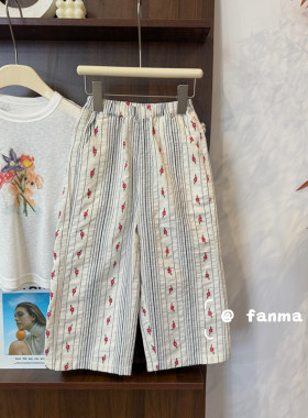 leomama【条纹红花】女童阔腿九分裤27夏季松紧腰透气碎花防蚊裤