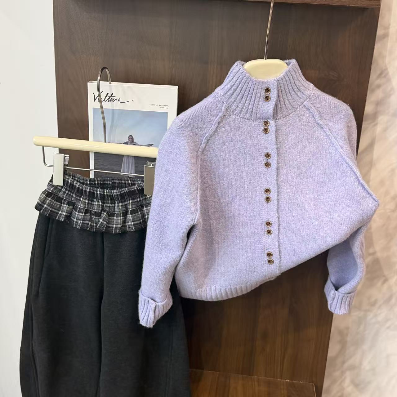 leomama女童紫色毛衣开衫外套2025秋冬新款儿童中大童百搭上衣