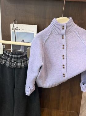 leomama女童紫色毛衣开衫外套2025秋冬新款儿童中大童百搭上衣