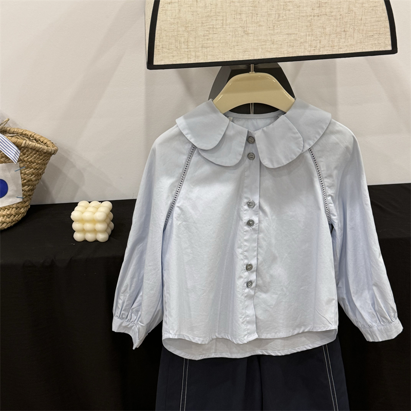【法式花瓣】童装儿童蓝色衬衫女童纯棉长袖衬衣秋季新款洋气上衣