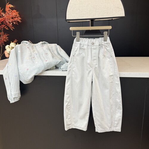 leomama【洗褪牛仔】女童夏季休闲裤儿童简约时尚百搭洋气弯刀裤