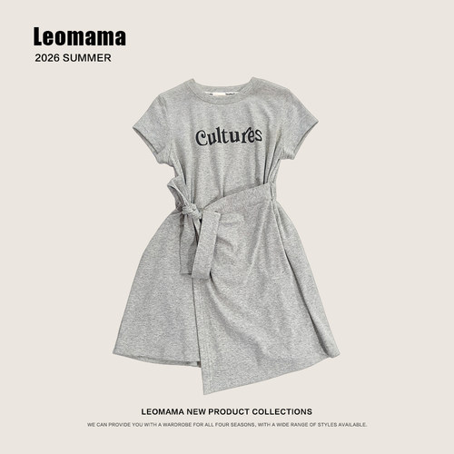 leomama女童字母印花连衣裙夏季新款女孩宽松纯色气质系带短袖裙
