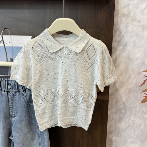 leomama女童小翻领镂空针织衫2026夏季新款儿童甜美Polo短袖上衣