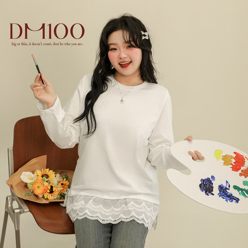 DM100大码百分百2025春季新款女装显瘦打底上衣正肩假两件花边T恤