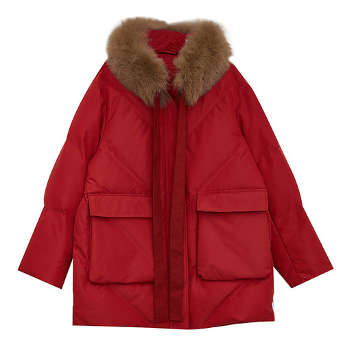 DM100大码百分百女装微胖mm冬季真狐狸毛三防红色加厚羽绒服外套