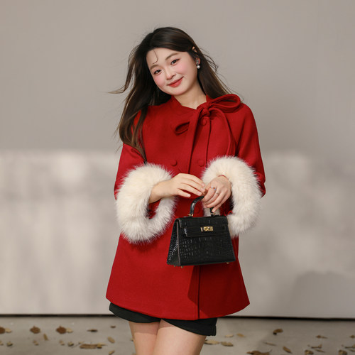 【新年焕新红色战袍】DM100大码气质千金风红色夹棉毛呢大衣外套