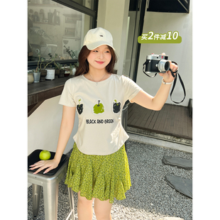 胖mm青苹果穿搭遮肉印花T恤碎花半裙套装 夏季 百分百女装 DM100大码