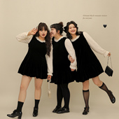 百分百胖mm梨型苹果型甜美风花苞裙蕾丝拼接丝绒连衣裙 DM100大码