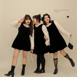 DM100大码 百分百胖mm梨型苹果型甜美风花苞裙蕾丝拼接丝绒连衣裙