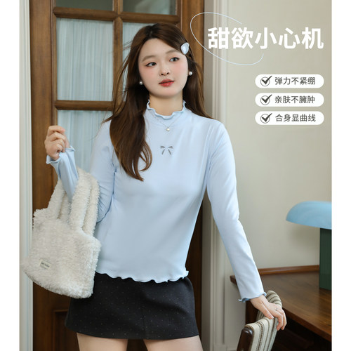 DM100大码百分百女装微胖mm秋季花边蝴蝶结修身打底磨毛针织T恤