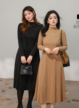 DM100大码百分百女装微胖mm冬季波边半高领百搭打底德绒连衣裙