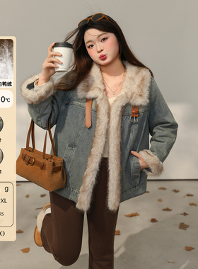 DM100大码百分百女装微胖mm春季复古通勤毛领拼接牛仔羽绒服外套