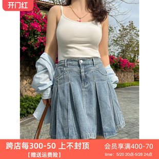 显瘦高腰百褶洗水牛仔半身裙 2024年春季 百分百微胖女装 DM100大码