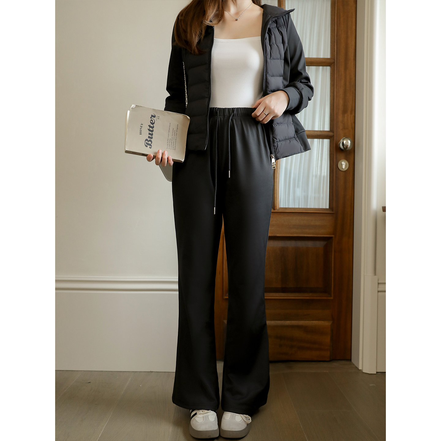 DM100大码百分百女装微胖mm秋季纯色百搭宽松磨毛针织微喇休闲裤