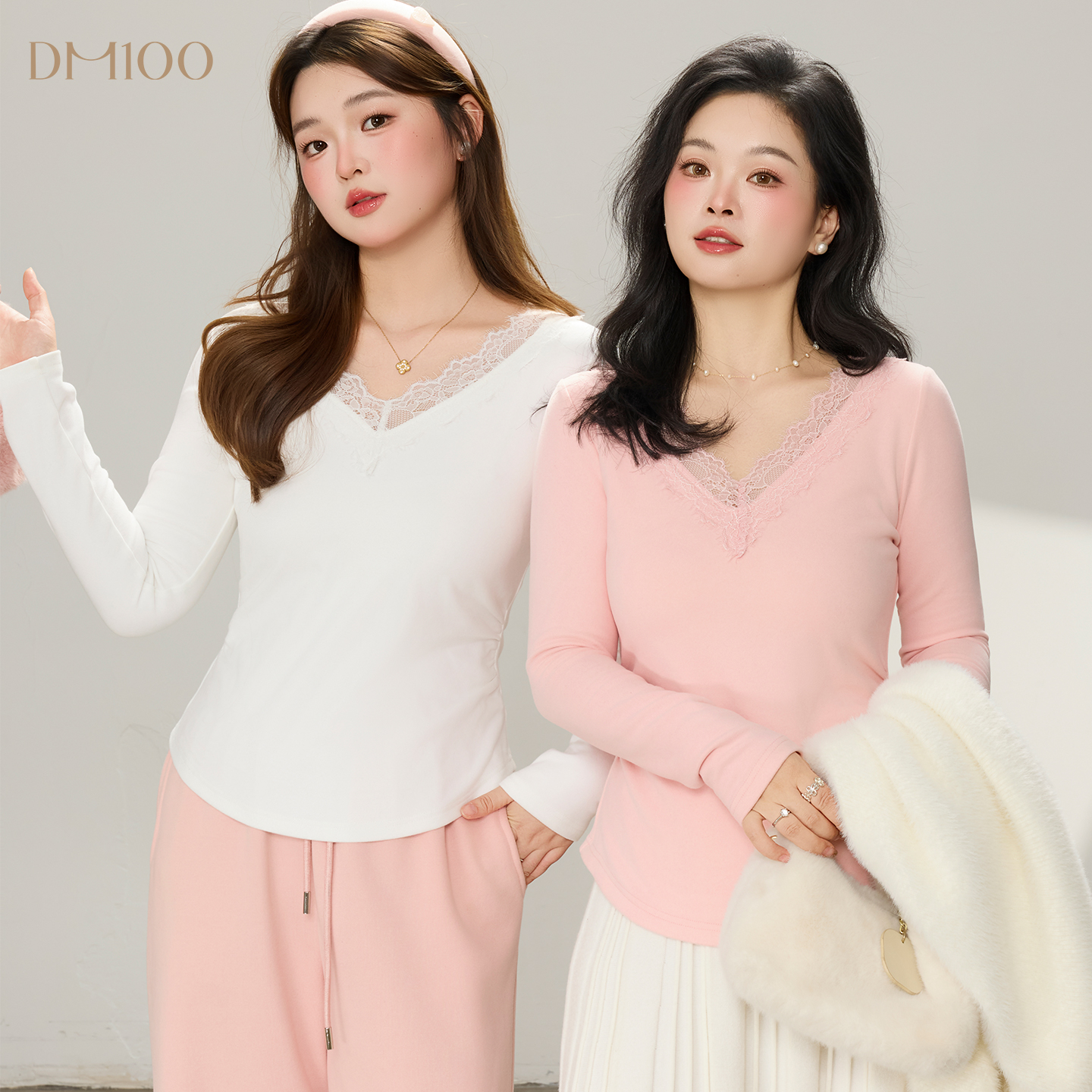 【11/10 20点 新品88折+立减15%】DM100蕾丝V领修身显瘦百搭T恤