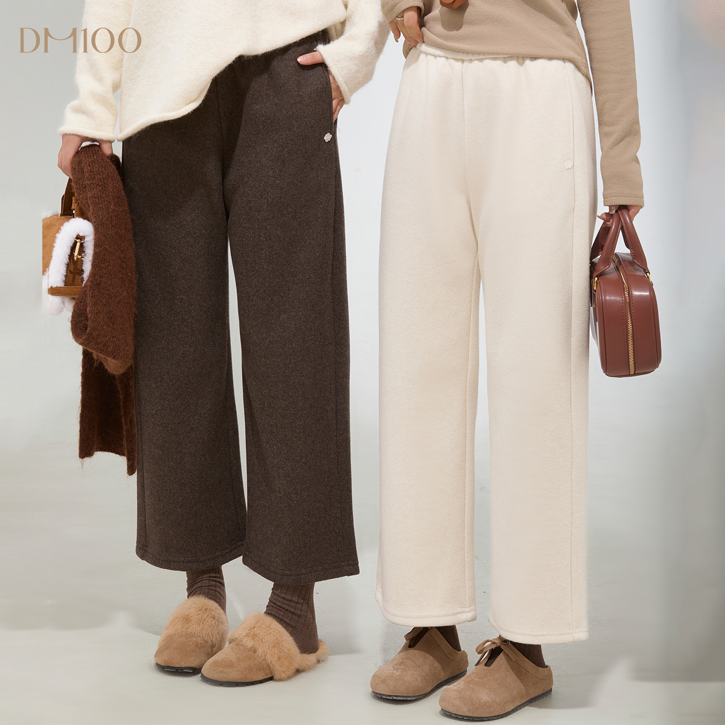 DM100大码百分百女装微胖mm冬季保暖柔软针织显瘦窄版直筒休闲裤