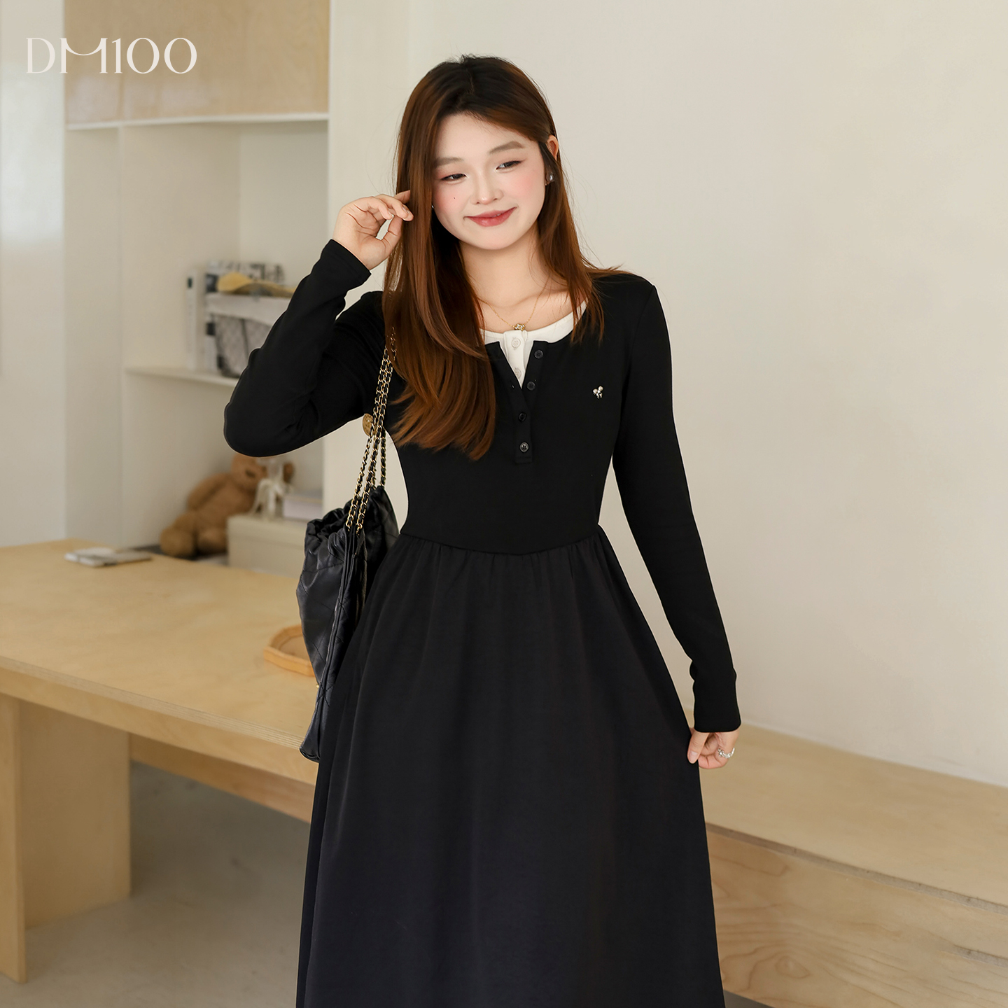 DM100大码百分百女装微胖mm冬撞色假两件加绒磨毛针织伞摆连衣裙