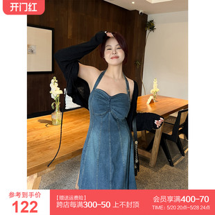 显瘦复古纯欲挂脖牛仔连衣裙 2024春新款 百分百微胖女装 DM100大码