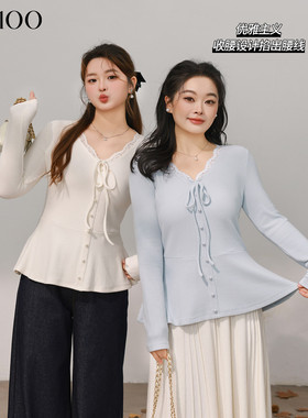 DM100大码百分百女装微胖mm冬季正肩V领蕾丝散摆仿羊绒T恤打底衫