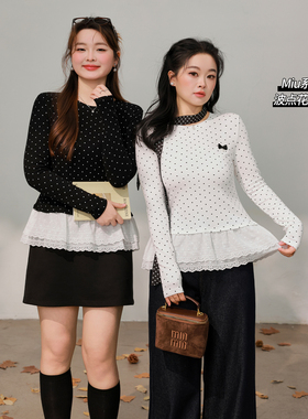 【12/26 单品85折+立减10%】DM100大码花边散摆波点打底T恤