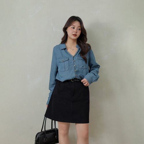 DM100大码百分百微胖mm女装秋显瘦通勤叠穿内搭衬衣长袖牛仔衬衫