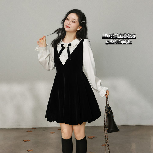 DM100大码百分百女装微胖mm冬季甜美假两件娃娃领花苞丝绒连衣裙