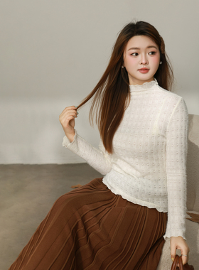 DM100大码百分百女微胖mm冬季甜美爱心半高领修身打底磨毛蕾丝衫