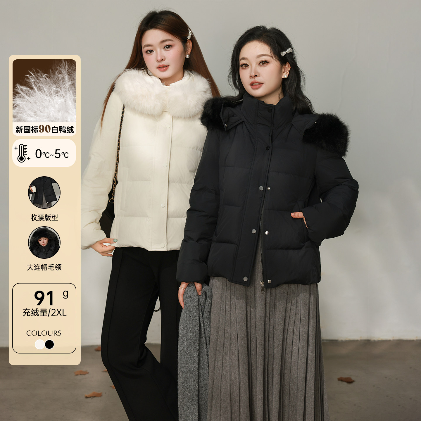 DM100大码百分百女装微胖mm冬季加厚短款大毛领连帽羽绒服外套