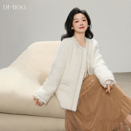 DM100大码百分百女装微胖mm冬季气质正肩小香风编织轻薄羽绒服