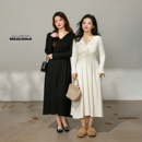 气质V领扭结抓绒针织收腰连衣裙 微胖mm冬季 DM100大码 百分百女装